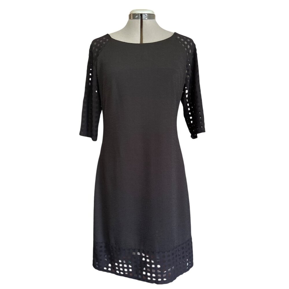 Luxology Black Midi Dress With Sheer Sleeves & Hem Size M Classy Party Wear